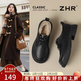 ZHR英伦风小皮鞋女圆头系带女鞋加绒厚底粗跟单鞋女 AY186A 黑色 38
