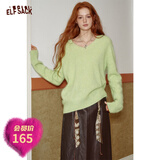 妖精的口袋「94%绵羊毛」8色v领宽松毛衣女2025年圣诞秋季新款慵懒软糯打底 黄芷绿色 M