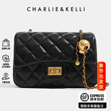 CHARLIE&KELLI CK品牌包包女款2026新款520情人节礼物链条菱格包小香风单肩斜挎 黑色鎏金无logo（红色内里）