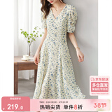 尚都比拉夏季法式碎花连衣裙泡泡袖茶歇裙气质女神范裙子 杏底蓝花 S 