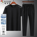 啄木鸟（TUCANO）短袖t恤套装男圆领弹力中老年凉感休闲长裤爸爸装两件套黑色XL