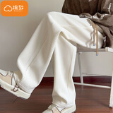 棉致灯芯绒裤子男秋冬季新款宽松直筒阔腿运动休闲裤男士长裤加绒加厚 米白色【K346不加绒高品质】 XL 120-140斤