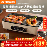 苏泊尔（SUPOR）电烧烤炉 烤肉锅烧烤电烤炉烤盘电烤盘家用烤肉炉烤串烤肉一体机大功率轻油少烟大容量不粘烤盘 【分区料理】可拆洗37cm大烤盘 1层