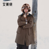 艾莱依鹅绒服女摩登复古中长款双层领保暖冬冬外套 胡桃褐L