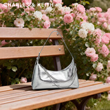 CHARLES&KEITH柔软拉链式褶皱单肩包腋下包包女包女士生日礼物CK2-40782472 Silver银色 S