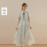 茵曼（INMAN）茵曼法式文艺方领碎花连衣裙2026夏女新款A字收腰短袖裙杏色M