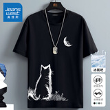 真维斯（Jeanswest）冰丝中袖男2026夏季简约印花宽松冰感速干短袖T恤男士大码上衣服 黑色(月下猫胸标_右下标) L (175) (收藏加购优先发)