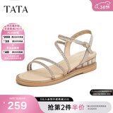他她（TATA）绝美坡跟凉鞋女外穿一字带时装凉鞋秋季新款7UA03BL4 金色 39