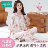 冰雪木棉睡衣女夏季妈妈长袖长裤棉绸家居服夏季薄款透气大码绵绸开衫套装