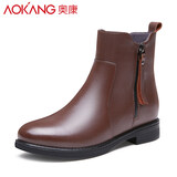 奥康（Aokang）女棉鞋冬季保暖加绒牛皮短靴防滑耐磨妈妈鞋棉皮鞋马丁靴女 棕色加绒 40