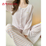古今（GUJIN）春秋新品带胸垫条纹蕾丝睡衣女家居服甜美套头可外穿睡裤套装L