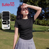 班尼路（Baleno）正肩短款短袖t恤女2025年夏季抽褶小心机紧身时尚休闲款圆领上衣