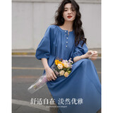 德玛纳【克莱因蓝】松弛感纯棉泡泡袖宽松腰遮肉中长款女式连衣裙