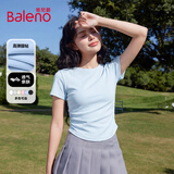 班尼路（Baleno）正肩短款短袖t恤女2025年夏季抽褶小心机紧身时尚休闲款圆领上衣