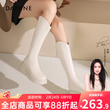 达芙妮厚底V口长筒靴女2026秋冬爆款女靴高筒靴显瘦百搭增高骑士靴子女 米白色 35