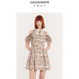 LULUALWAYS我爱露露夏季新款时尚娃娃领露肩花边袖短款连衣裙 浅卡其 S