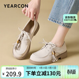 意尔康女鞋真皮百搭深口小皮鞋流苏串珠复古乐福鞋女 27014W米白36