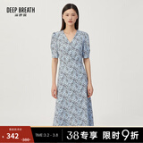 深呼吸DEEP BREATH女装V领中长高腰泡泡袖收腰碎花连衣裙A500197 蓝-花 S (2)