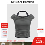 UR七夕秋季新款女装简约气质一字领挂脖褶皱短袖T恤UWJ450133 深灰花灰 XL