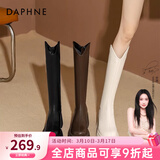 达芙妮厚底V口长筒靴女2026秋冬爆款女靴高筒靴显瘦百搭增高骑士靴子女 黑色 38