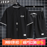 JEEP SPIRIT吉普短袖T恤男短裤运动套装休闲两件套夏季商务中青年 黑色 2XL (160斤-180斤)