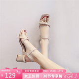 ZHR凉鞋女复古方头不规则交叉绊带女鞋气质增高显瘦粗跟鞋女通勤风夏季 Y516 米色(经典款) 37 