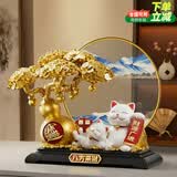 欧梵普（oufanpu）发财树招财猫摆件新店开业送人开张高档搬家乔迁礼物办公室装饰品 财源广进福禄发财树摆件【金框蓝沙】 招财猫开业礼物-八方来财