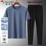 啄木鸟（TUCANO）短袖t恤套装男圆领弹力中老年凉感休闲长裤爸爸装两件套雾霾蓝2XL