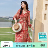 尚都比拉春秋中长款印花红色连衣裙气质女神范显瘦度假裙子 红花 M 