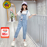 G.duck童装女童套装夏季新款儿童衣服时尚中大童牛仔背带裤薄款女孩短袖 长裤整套 140 建议9~10岁【130-140cm】