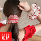 高颜值波点蝴蝶结大肠发圈头绳甜美红色格子丸子头皮筋大肠圈发饰 红色锁边大肠发圈【随机3个】