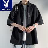花花公子（PLAYBOY）衬衫男士短袖夏季宽松大码冰丝黑色外套青年潮流休闲衬衣 21017/C351黑色【短袖】 2XL