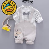 G.duck春秋1-3个月6新生婴儿长袖绅士哈衣宝宝连体衣服男童周岁礼服百天 浅灰色 格子灰色背带长袖 59cm 建议10斤以内穿