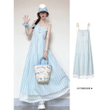 小野七天法式蓝色条纹吊带连衣裙女夏小个子海边度假长裙甜美蕾丝宽松裙子 M 建议体重90-110斤