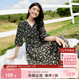 尚都比拉度假风碎花连衣裙女夏天V领气质中长裙收腰A字雪纺裙子 黑花  2XL