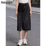 品彩（PinCai）牛仔半身裙女纯色高腰复古开叉设计时尚百搭A字裙 P141B2758