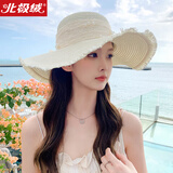 北极绒防晒帽子女沙滩草帽丝带珍珠遮阳帽透气大沿太阳帽夏季新款防紫外 MZ1521白色 均码