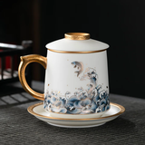 京峰阁茶具泡茶杯景德镇陶瓷办公杯茶水分离水杯家用送礼高档教师节礼物 海川杯-福悦鱼（配陶瓷杯碟）