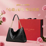 皮尔卡丹（pierre cardin）女包头层牛皮单肩托特包七夕情人节礼物 黑色