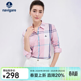 Navigare意大利小帆船女士长袖衬衫春秋季休闲格子衬衣莱赛尔高档寸衫 洋红/白 L