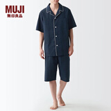 MUJI男式 无侧缝泡泡纱短袖睡衣男士家居服套装男款夏季纯棉全棉 深藏青色 XL