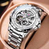 马克华菲（MARK FAIRWHALE）手表男士机械表全自动镂空飞轮时尚男表国潮夜光防水瑞士品质腕表 升级加强版/银白钢带/终身保