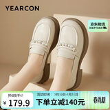 意尔康英伦风厚底增高舒适乐福鞋简约百搭小皮鞋女 49861W 米白3 36