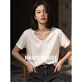 百家好（Basic House）百家好莱赛尔天丝V领短袖T恤女夏季宽松白色面膜体恤 浅麻 L