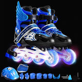 拓呈溜冰鞋儿童全套装成人男女小孩旱冰鞋滑冰鞋轮滑鞋直排轮初学者 背包款-蓝色八轮全闪鞋+护具头盔+配件 M （适合平时鞋码32-37码）