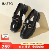 百思图乐福鞋女商场同款羊皮厚底松糕鞋女士休闲皮鞋TFW29CA22 黑色 34