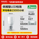 飞利浦（PHILIPS）球泡灯 LED小柱灯泡柱形E27螺口玉米灯家用超亮照明洞灯泡 E27优视型柱泡5W白光6500K