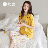 秋鹿睡衣女纯棉夏季圆领短袖七分裤休闲大码薄款全棉可外穿家居服套装 5422-黄色 M /身高150-160体重85-100