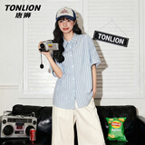 唐狮（TonLion）短袖衬衫女装夏季新款衬衣半袖小衫微阔显瘦潮流蓝条纹设计上衣服