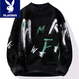 花花公子（PLAYBOY）毛衣男秋冬季款加绒加厚潮流男士休闲宽松保暖针织衫上衣服男装 10909/6244 黑色 4XL